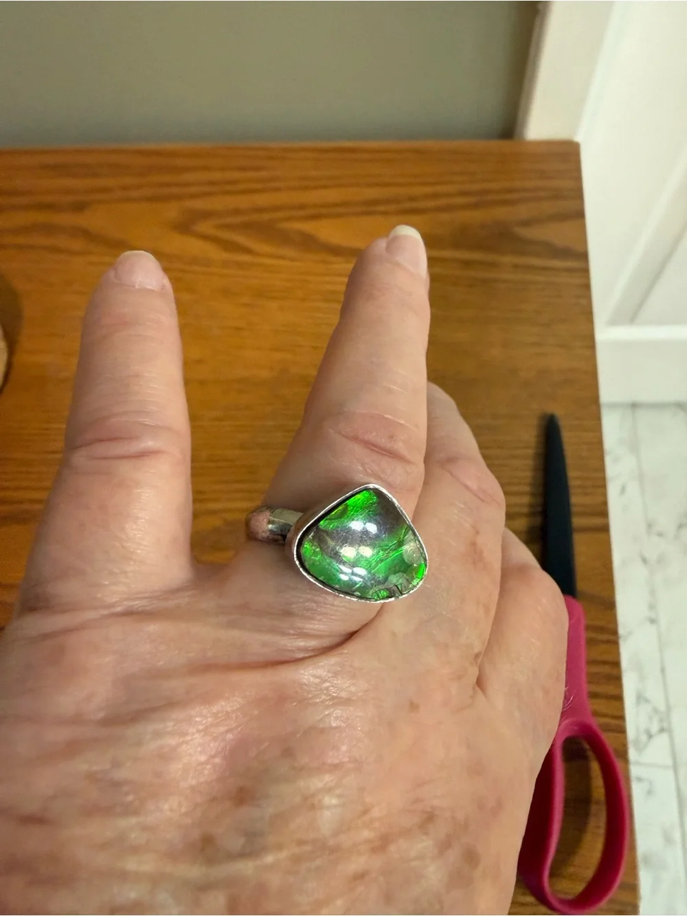 Vintage Ammolite Ring 925 Sterling Silver Size 9 Green Stone